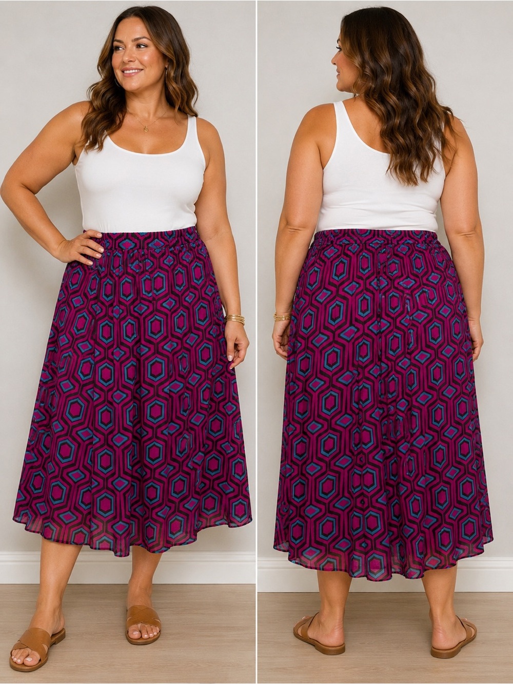 HER Destiny Women’s Large Geometric Print Midi Skirt Magenta Teal